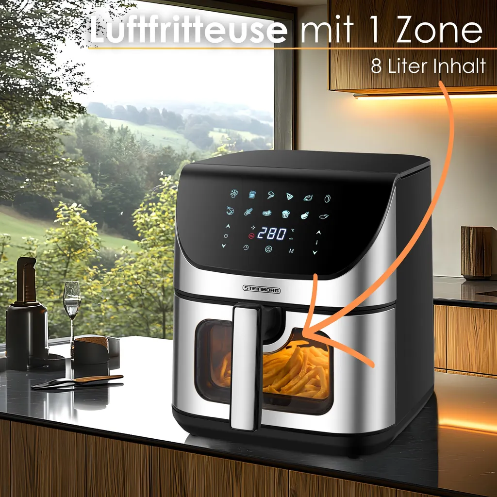 Steinborg Air Fryer 8L 4-in-1 | Friggitrice Aria Professionale Inox - 3