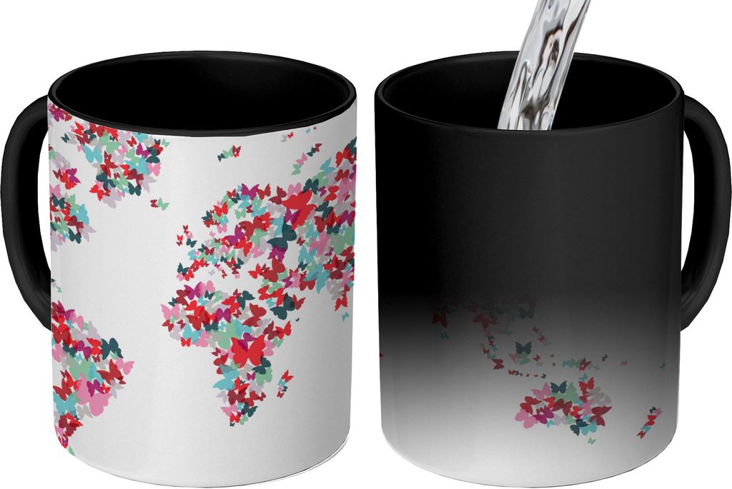 MuchoWow Zauber Tasse Zaubertasse Magic Weltkarte - Farben - Schmetterlinge - Kinder - Jungen - Mädchen 350 ml Farbwechsel Becher Geschenk Gesch...