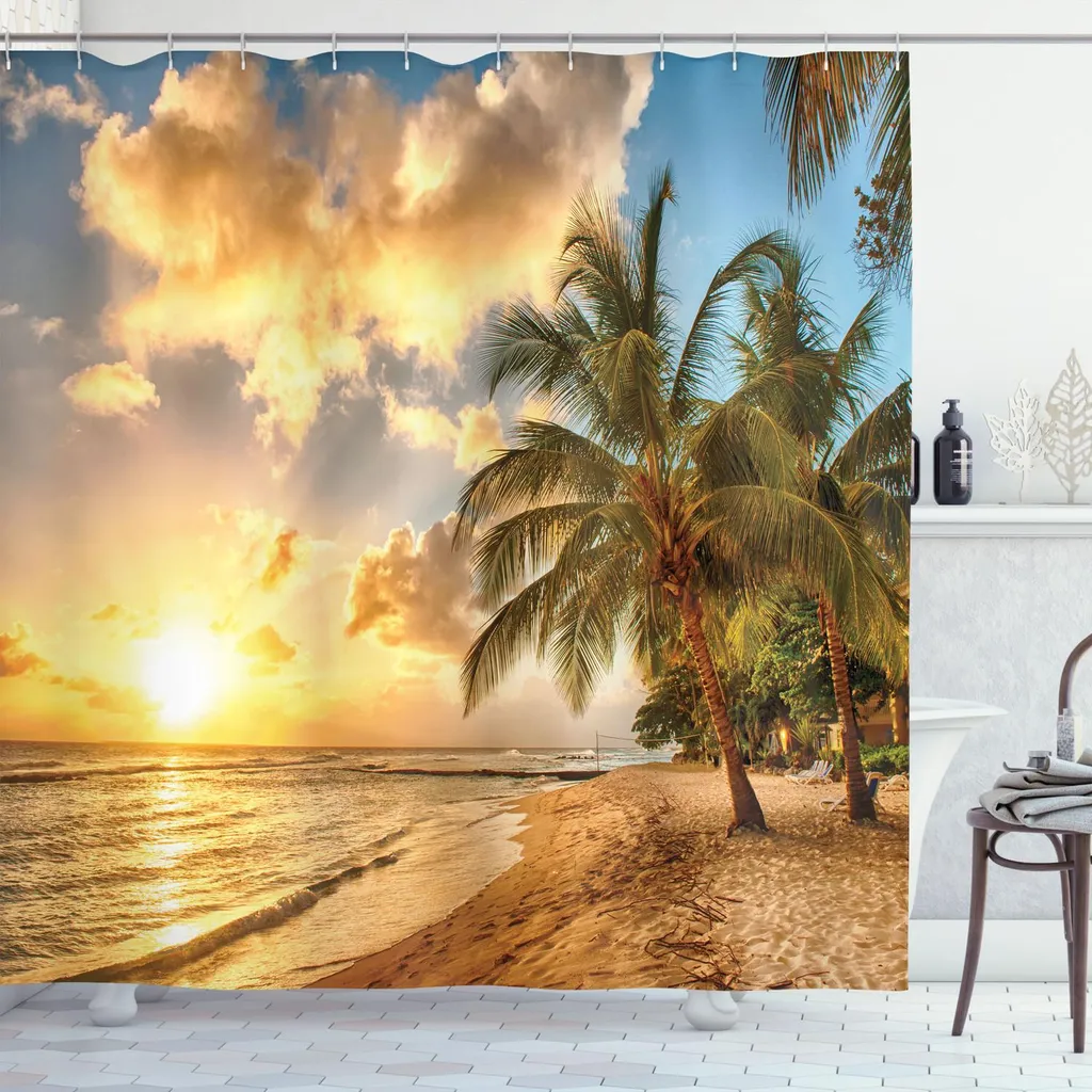 Tenda Doccia Con Fenicottero Rosa E Palme Tropicali – 180x180 Cm – Poliestere Impermeabile Con 12 Ganci