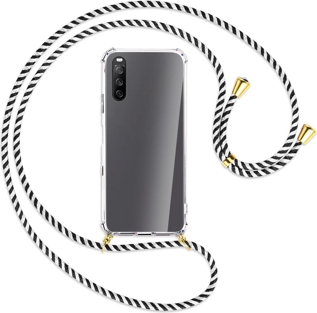 Handykette Backcover-Schutzhülle mit Band (Metall goldfarben) für Sony Xperia 10 III - schwarz/weiß gestreift