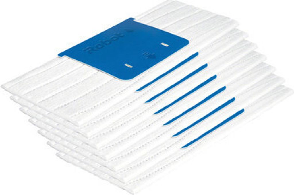 A stack of white cleaning cloths with blue accents and a blue plastic holder with the brand name 'iRobot' printed on it.