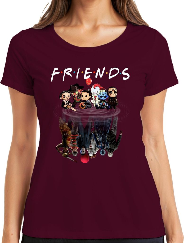 FRIENDS Horror Ikonen Pennywise Michael Jason Freddy Pinhead Damen T-Shirt, Burgundy, XXL