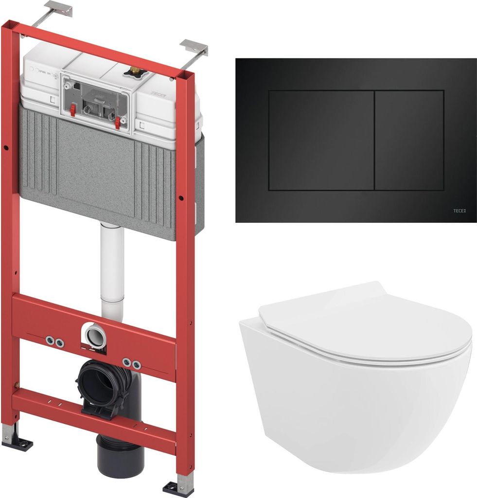 WC SET: Vorwandelement TECEbase + Toilette Rolo Weiß + Schallschutzmatte + Betätigungsplatte in Schwarz