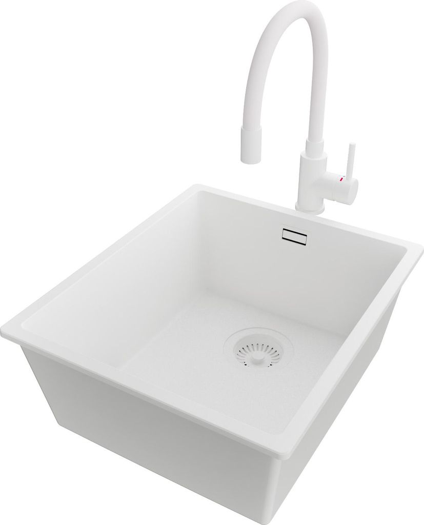 PRIMAGRAN Granitspüle Alles Weiß 41x47cm, Spülbecken 1 Becken + Küchenarmatur 38x14cm + Ablauf-Set, Küchenspüle ab 45er Unterschrank - London...