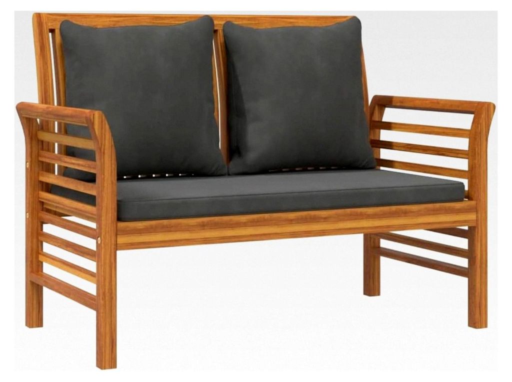 Sofabank mit dunklen Kissen aus Akazienholz für Garten und Terrasse