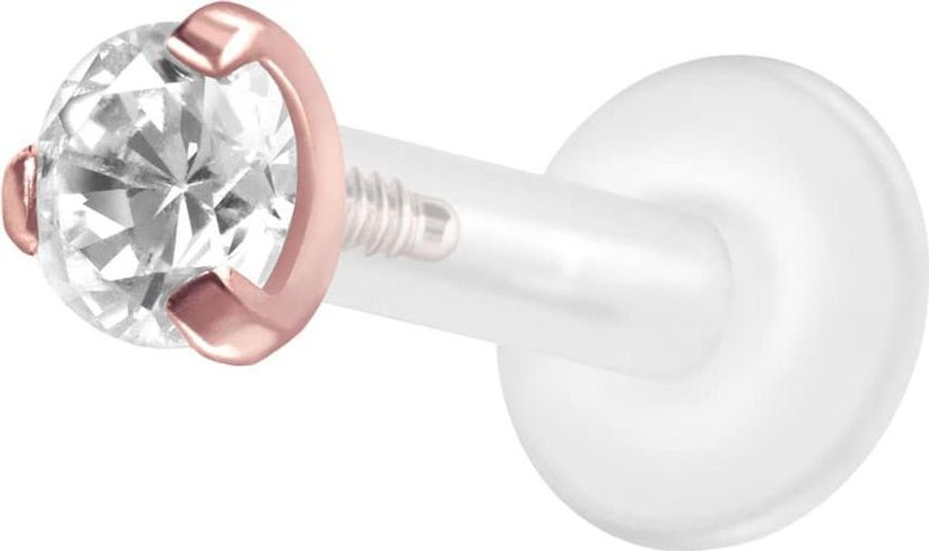 Ohrpiercing, Nasenpiercing PTFE Labret mit Innengewinde + Titan-Aufsatz EINGEFASSTER KRISTALL RoséGold Stablänge: 7mm | Stabstärke: 1,6mm | Kris...