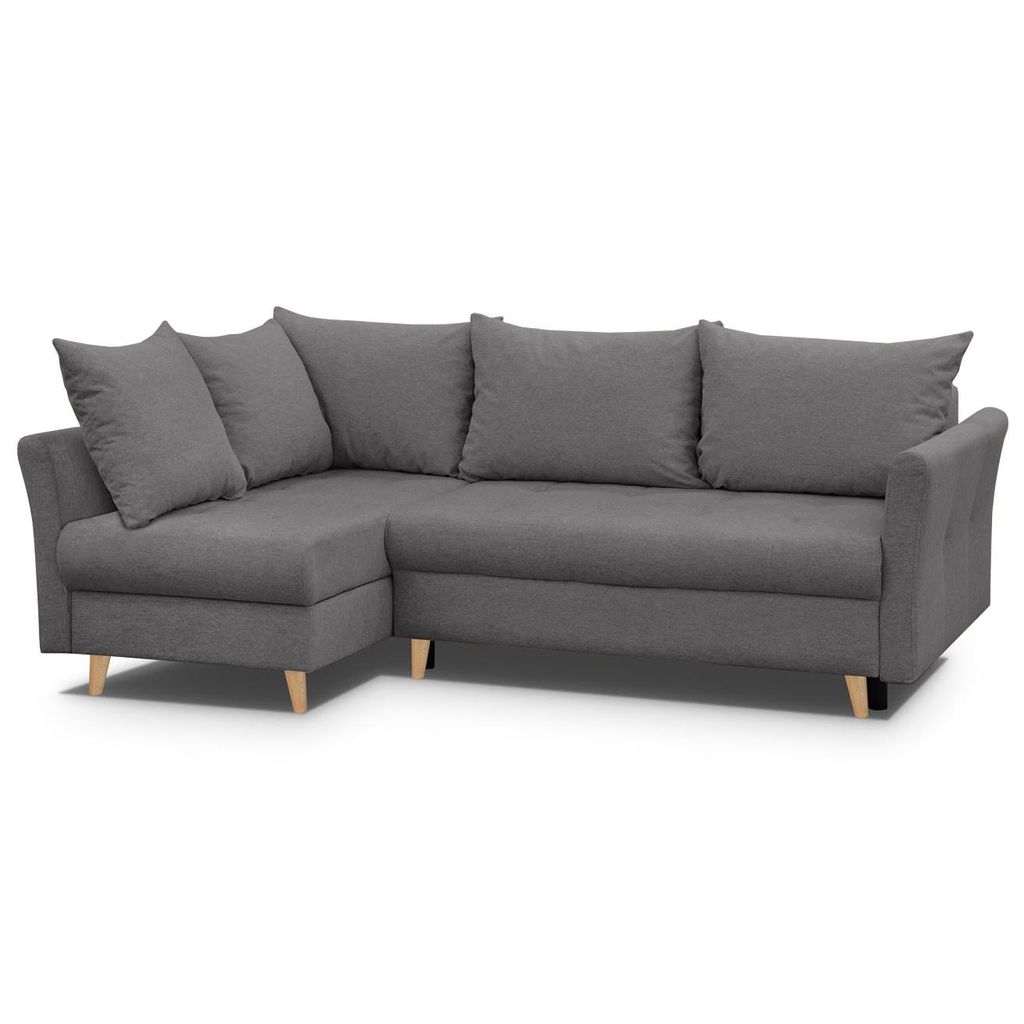 Ecksofa NERON - Couch L-form mit Schlaffunktion & 2x Bettkasten, Eckseite links, Dunkelgrau, Buche-Füße