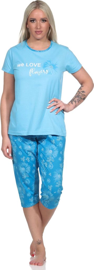 Damen kurzarm Schlafanzug Pyjama mit Caprihose in geblümter Optik ; hellblau , 36