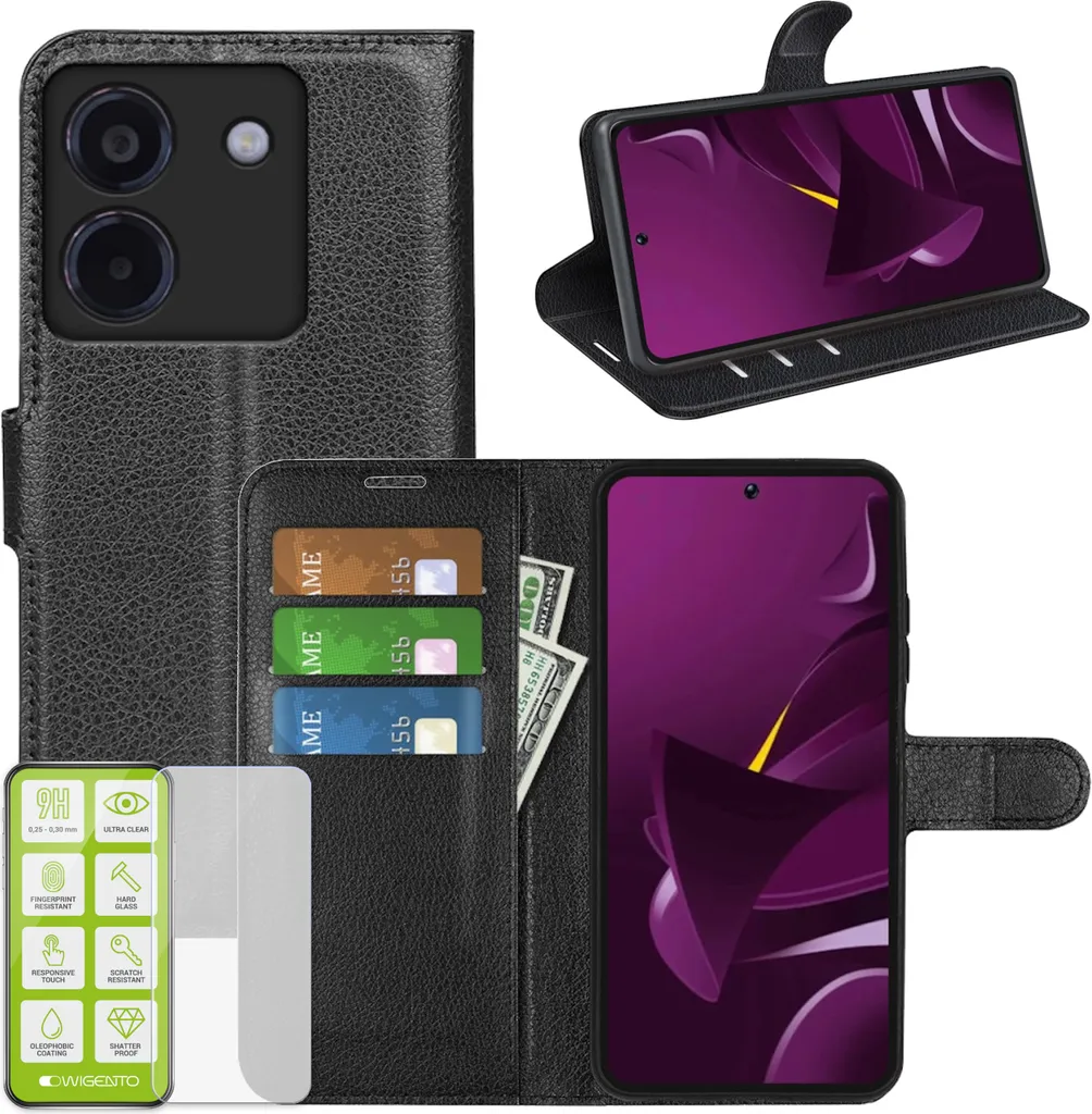 Custodia Elegante Nera per Poco X7 Pro 5G | Pelle Finta + Vetro 9H
