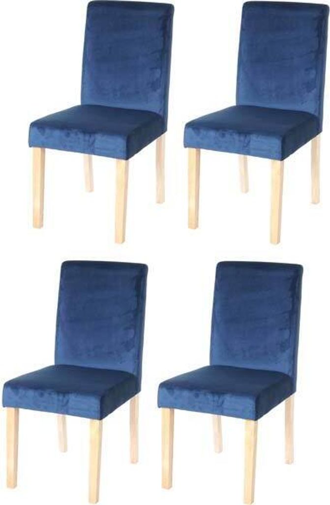 Four blue dining chairs with light wooden legs are arranged in a grid formation against a white background.