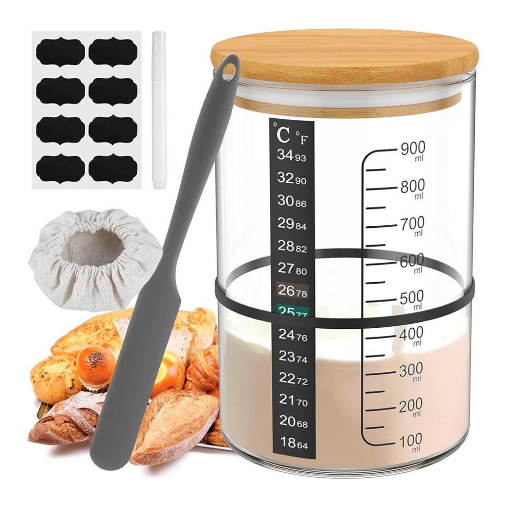 Gärglas Sauerteig Starter Set, Sauerteig Glas 900ml/32OZ, Brot Backen Zubehör, mit Silikonspatel, Temperaturpapier, Datum Markiert Fütterung Ban...