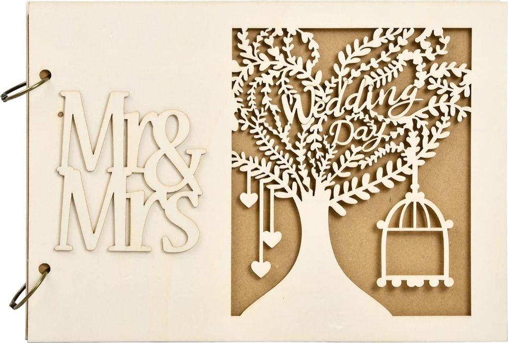 Hochzeitsbuch Erinnerungen Jubiläum - 40 Seiten Kraftpapier - Mr & Mrs Gästebuch - Holzcover - Liebesbaum - Geschenk zur Hochzeit