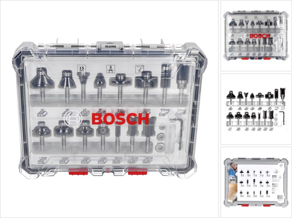 A set of router bits in a clear plastic case, with the Bosch logo prominently displayed.