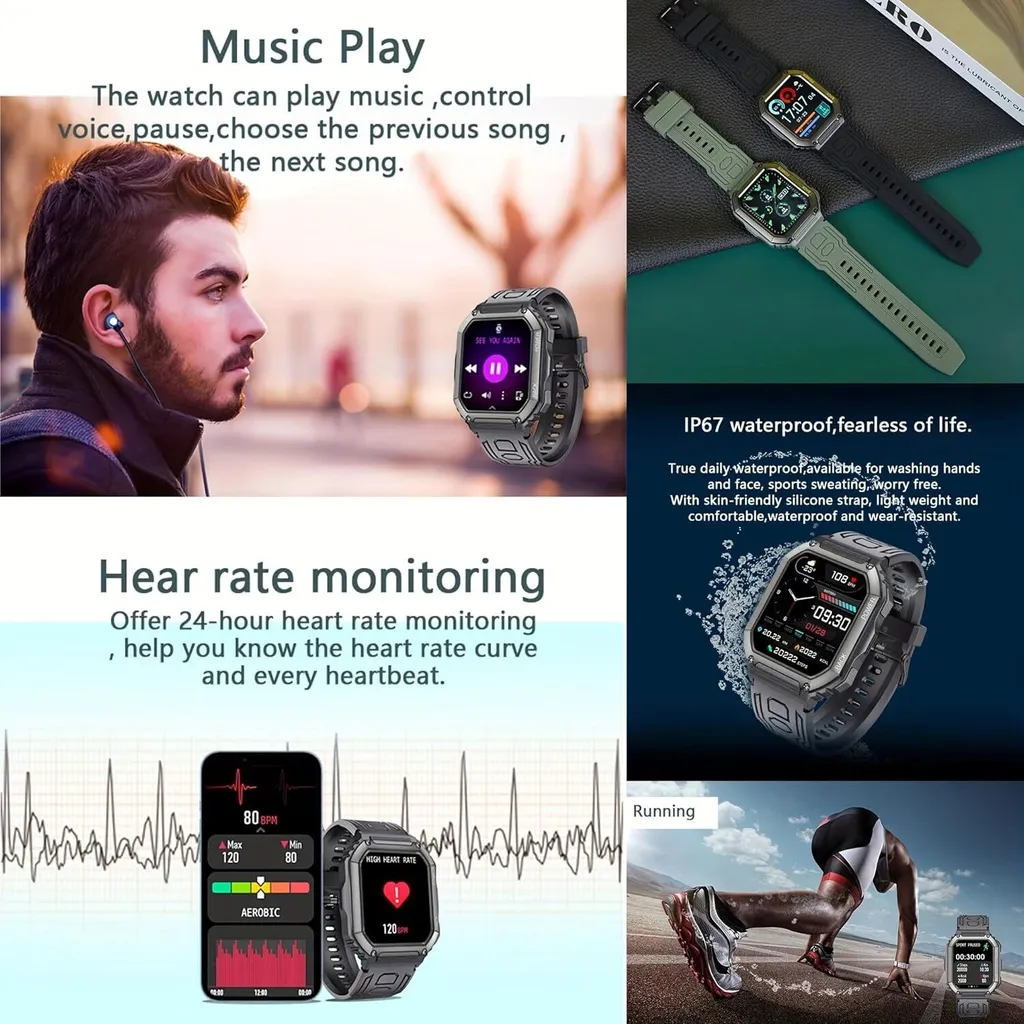 Meeonley Smartwatch Militare Uomo 1.83'' Chiamate Bluetooth IP68 Fitness Tracker Cardiofrequenzimetro SpO2 100+ Sport