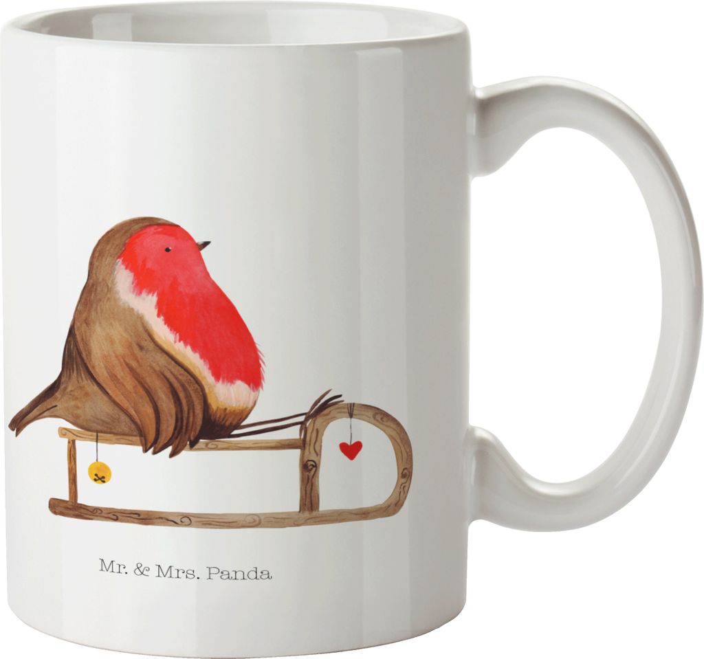 Mr. & Mrs. Panda Tasse Rotkehlchen Schlitten - Weiß - Geschenk, Kaffeetasse, Vogel, Kaffeebecher, Weihnachten, Becher, Pott, Teetasse