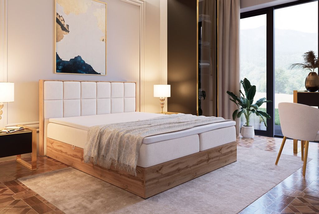 Marlux-Meble Leoni V Kontinentalbett 180x200 cm Modern Bequemes Hochbett Gepolstert Mit Matratze Und Zwei Bettzeugbehälter (Itaka 16 - Beige)