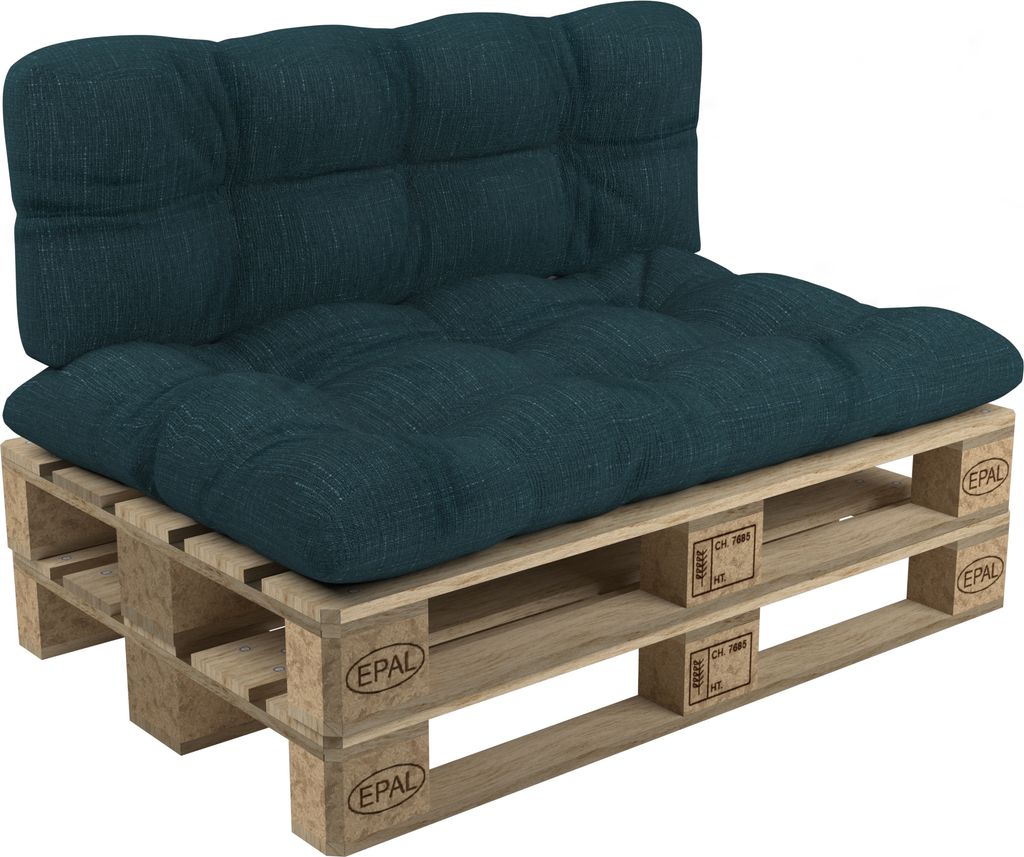 A dark green pallet cushion set on a wooden pallet.