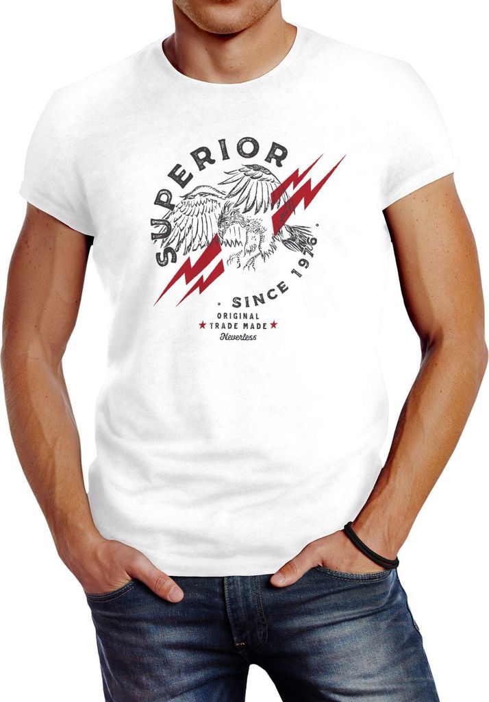 Herren T-Shirt Superior Eagle Since 1976 Adler Print Slim Fit Neverless weiß M