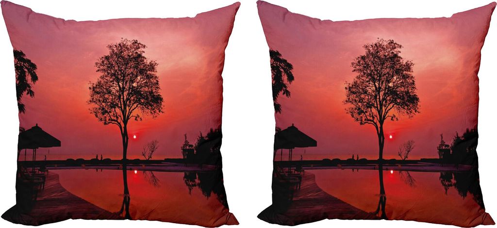 ABAKUHAUS Sonnenaufgang Kissenbezug Set (2Stück), Schattenbild des nebelhaften Dämmerungs-Himmels mit Baum und Natur reflektiert exotisches Bild,...