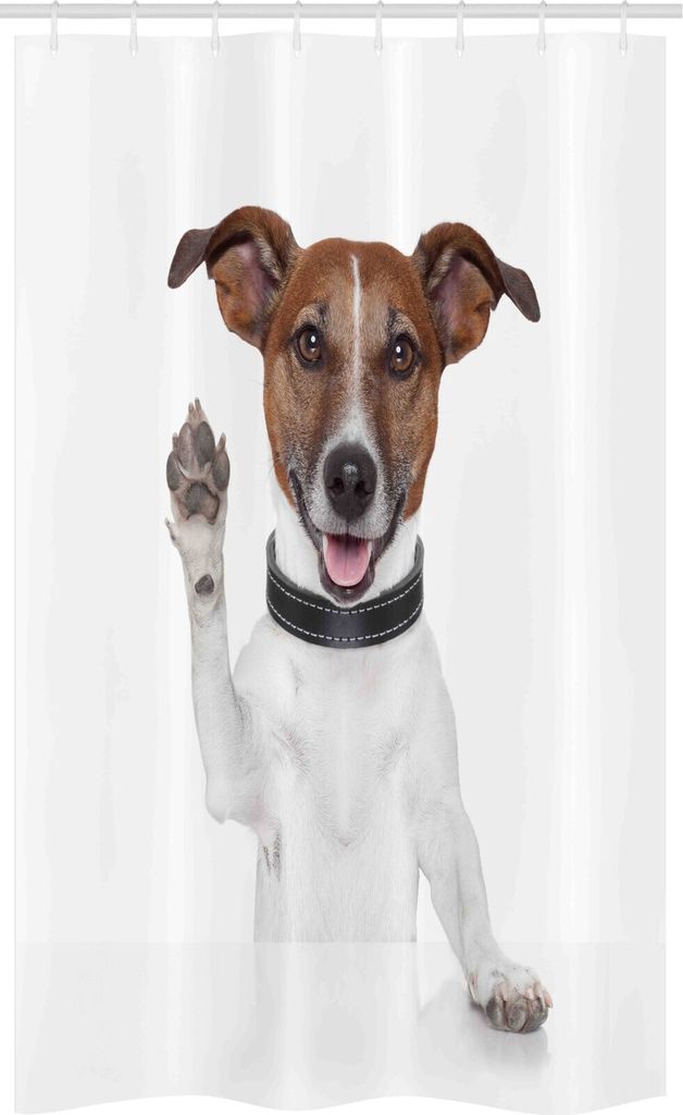 ABAKUHAUS Jack Russell Schmaler Duschvorhang, Baby-Hund Tierliebhaber, Badezimmer Deko Set aus Stoff mit Haken, 120 x 180 cm, Braun Schwarz und Weiß