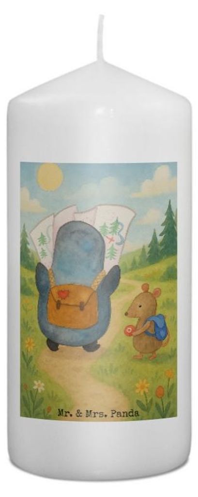 Mr. & Mrs. Panda Kerze Pinguin & Maus Wanderer Design 15 x 7 cm - Weiß - Geschenk, Ausflug, Abenteuer, Erinnerungslicht, Wachskerze, Erinnerungske...