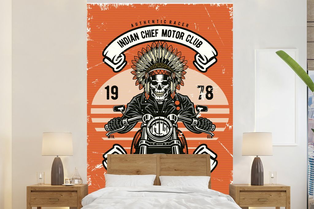 MuchoWow Fototapete für Wohnzimmer oder Schlafzimmer Wandtapete Vinyl Motivtapete Totenkopf - Indisch - Motor - Vintage - 170x260 cm - Wohnzimme...
