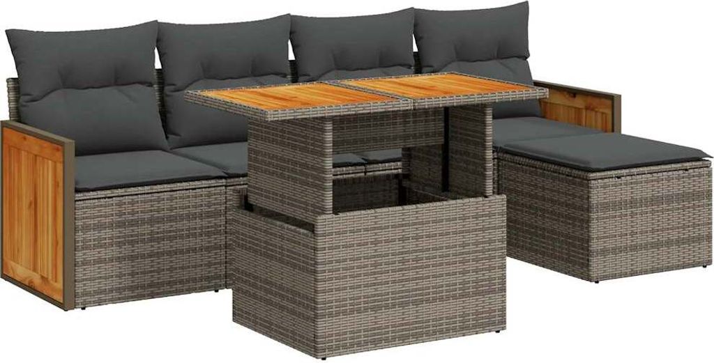 6-tlg. Garten-Sofagarnitur mit Kissen Grau Poly Rattan Akazie