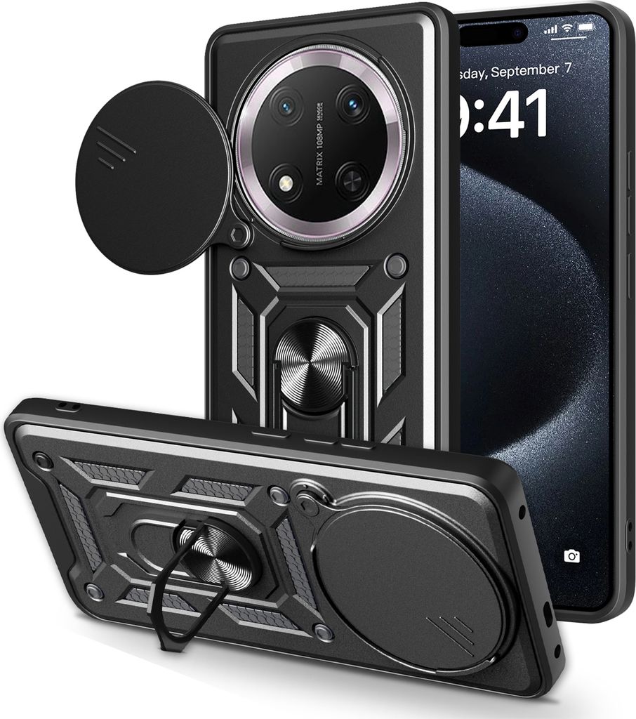 Outdoor Panzer Hülle für Honor Magic 7 Lite Handyhülle Slide Kameraschutz Ringhalter in Schwarz