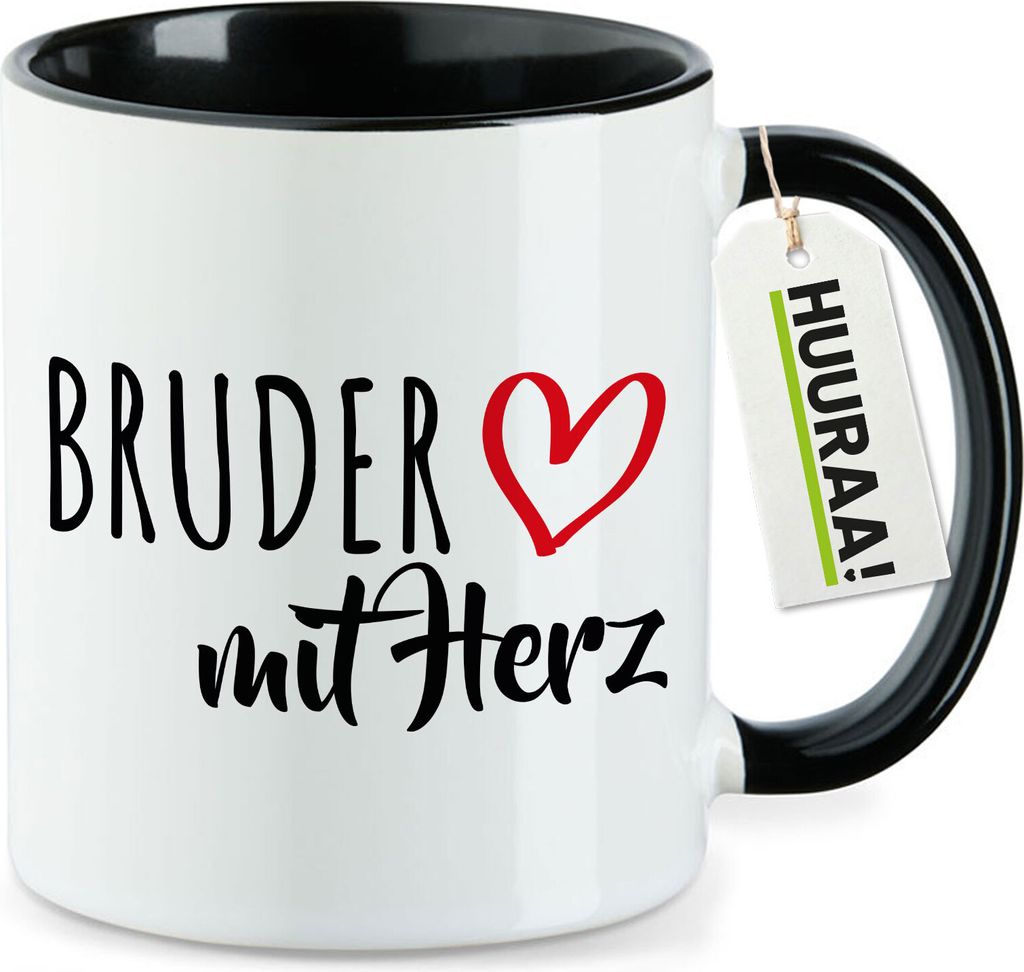 Huuraa Kaffeetasse Bruder mit Herz 330ml Schwarz Keramik Kaffeebecher Geschenkidee