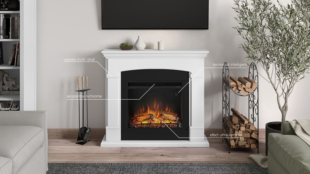 A white electric fireplace with a black insert, featuring a realistic flame effect, is shown in a living room setting. It is surrounded by decorative elements like a bookshelf, a plant, and a log holder.