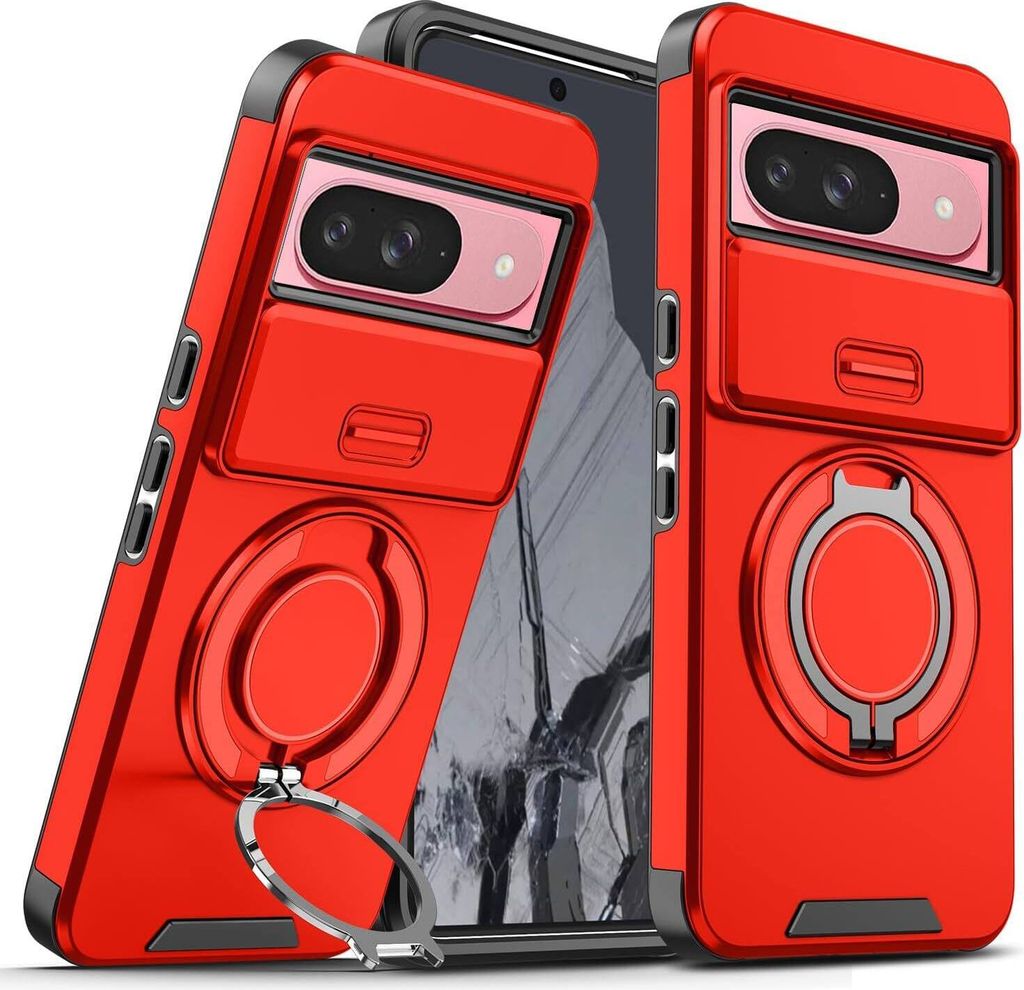 Handyhülle für Goolge Pixel 9 /Pixel 9 Pro Dual-Layer Stoßfest Militär Hülle mit Dia Kameraschutz und Magnetisch Ring Ständer Rot