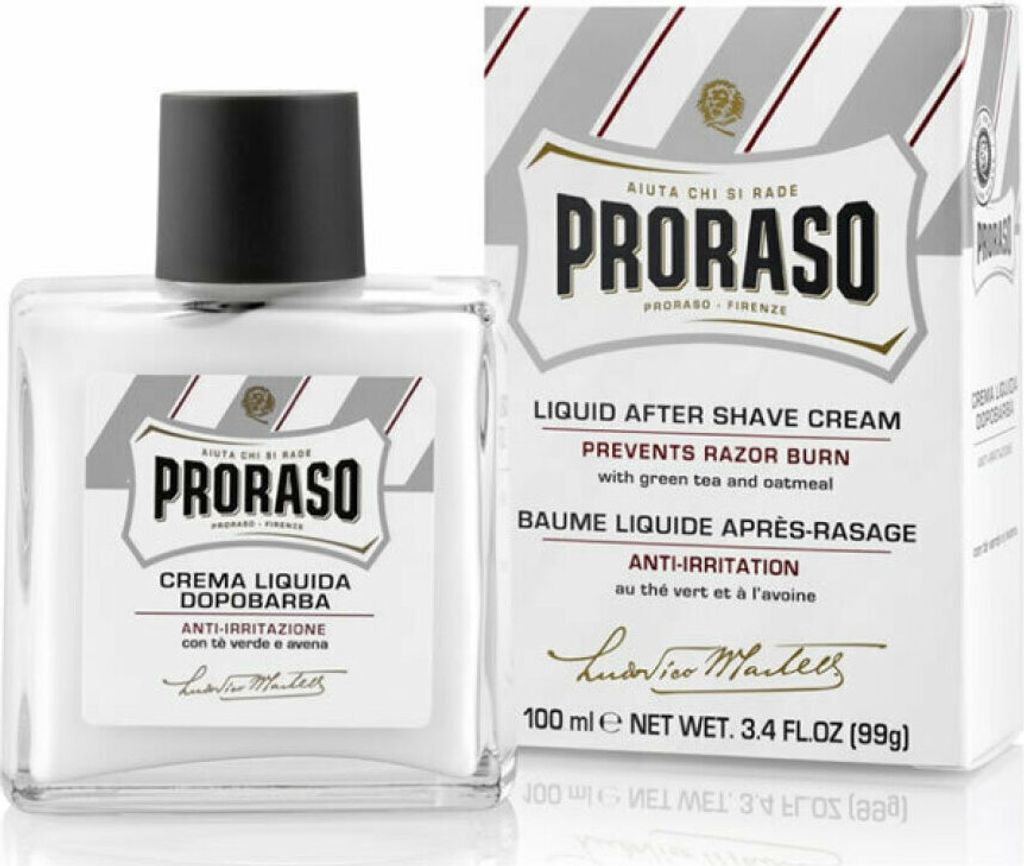 A bottle of Proraso Liquid After Shave Cream and its packaging are displayed against a white background.
