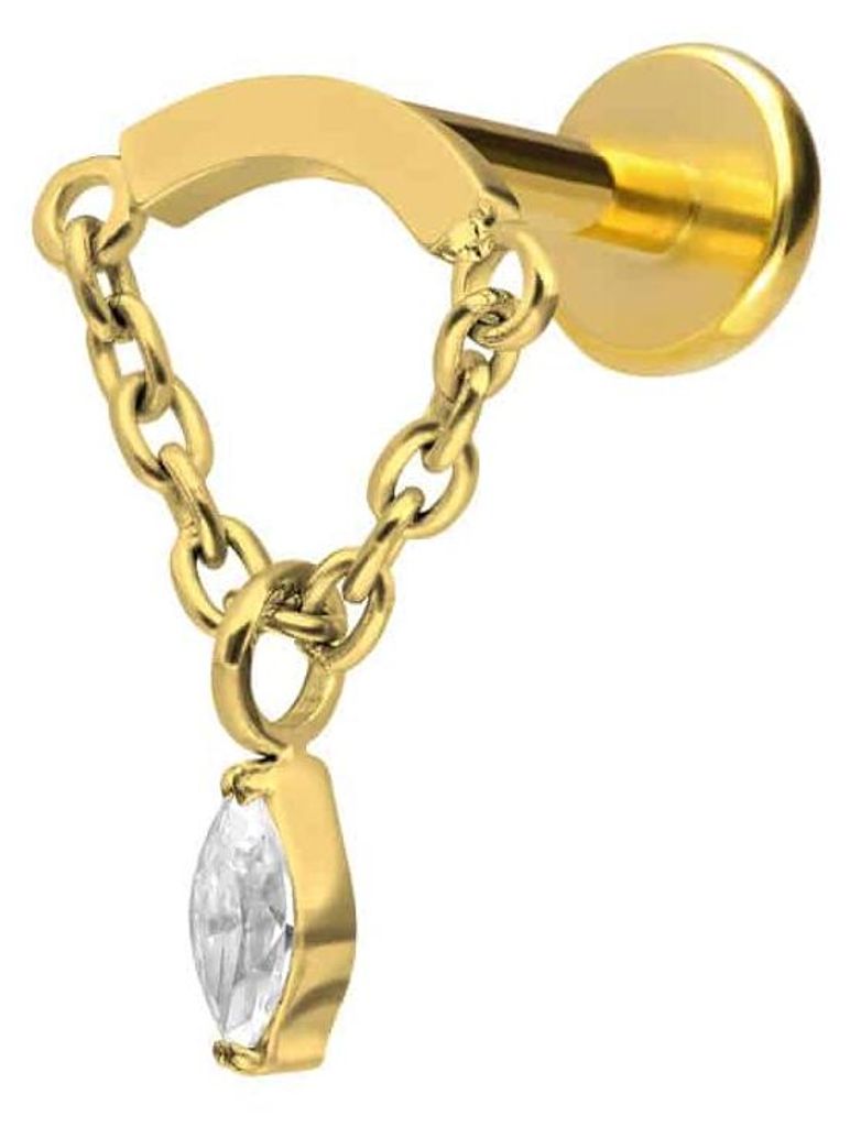 Ohrpiercing, Nasenpiercing Titan Labret mit Push Fit BOGEN + KETTE + KRISTALLTROPFEN Gold Stablänge: 9mm | Stabstärke: 1mm | Discgröße: 10 x 13...