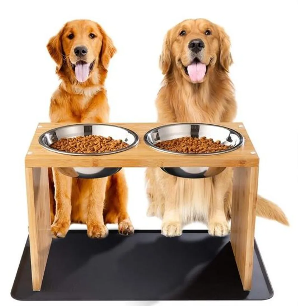 Couchage pour chien avec mangeoire intégrée en bois et écuelles en inox