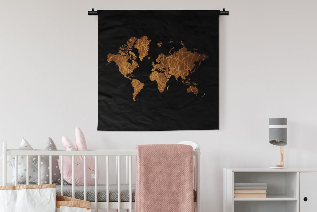 MuchoWow Wandteppich Wandbehang Weltkarte - Gold - Braun 90x90 cm Tapisserie Dekoration Wandtuch - Wandaufhänger