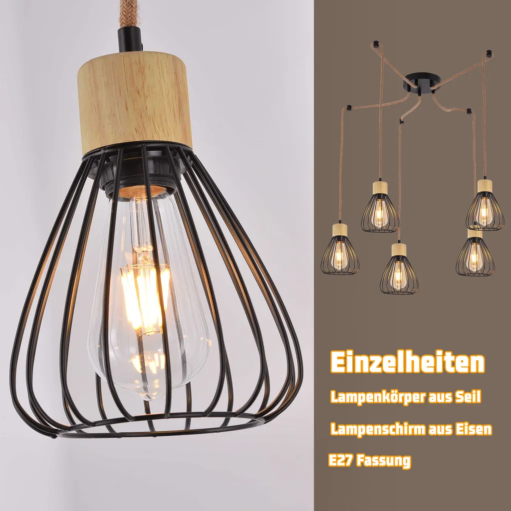 ZMH lampada a sospensione tavolo da pranzo lampada a sospensione soggiorno vintage lampada sala da pranzo nero lampada a sospensione sala da pranzo 5 fiamme retrò metallo corda di canapa in legno industriale E27 lampada a sospensione per pub senza lampadine - 5