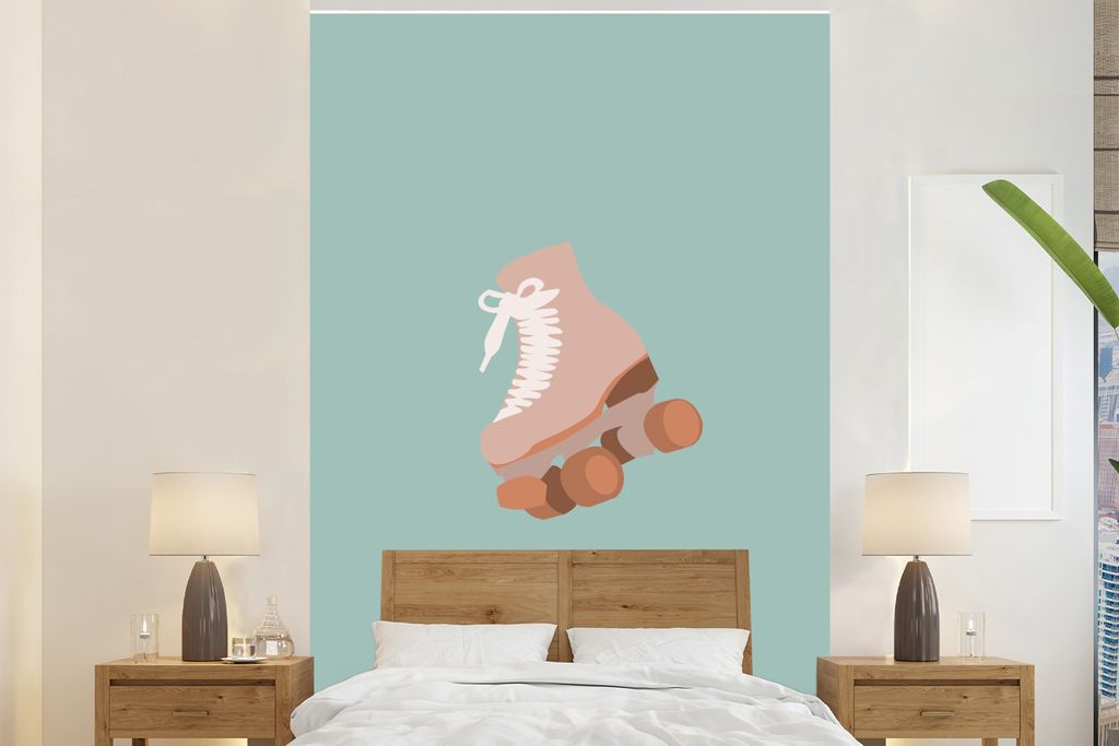 MuchoWow Fototapete für Wohnzimmer oder Schlafzimmer Wandtapete Vinyl Motivtapete Sommer - Rollschuh - Rosa - 170x260 cm - Wohnzimmertapete