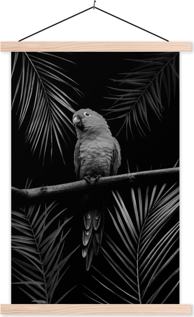 MuchoWow Textilposter Vogel auf schwarzem Hintergrund - schwarz und weiß 40x60 cm mit holzfarbenen Rahmen - Poster