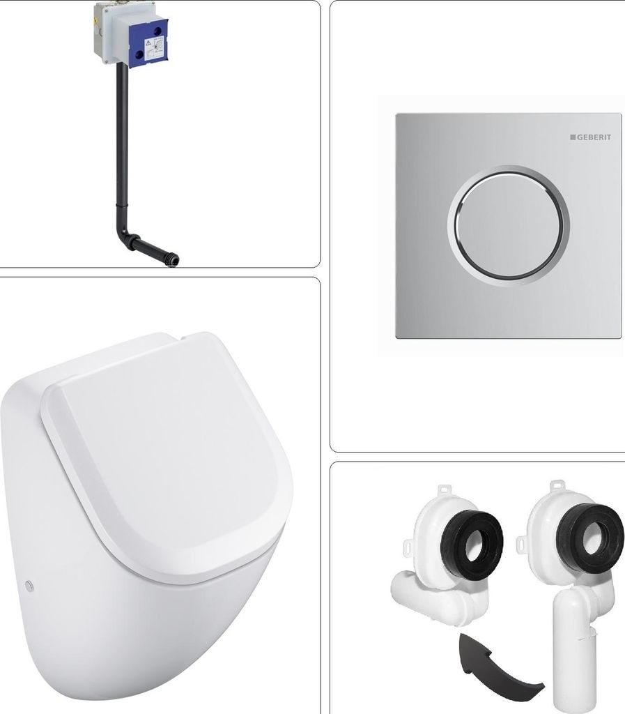 VIGOUR DERBY Urinal spülrandlos Pissoir mit SoftClose Deckel und Geberit Rohbauset und Drückerplatte, chrom