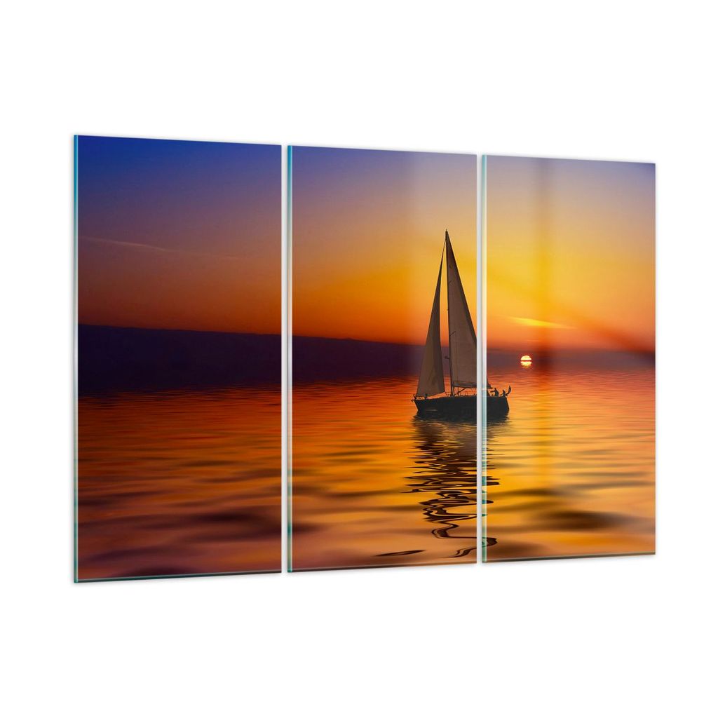 Bilder auf glas - Boot Sonnenuntergang Landschaft - 105x70cm - Glasbilder - Wandbilder - Kunstdruck - zum Aufhängen bereit - Wanddekoration aus Gl...