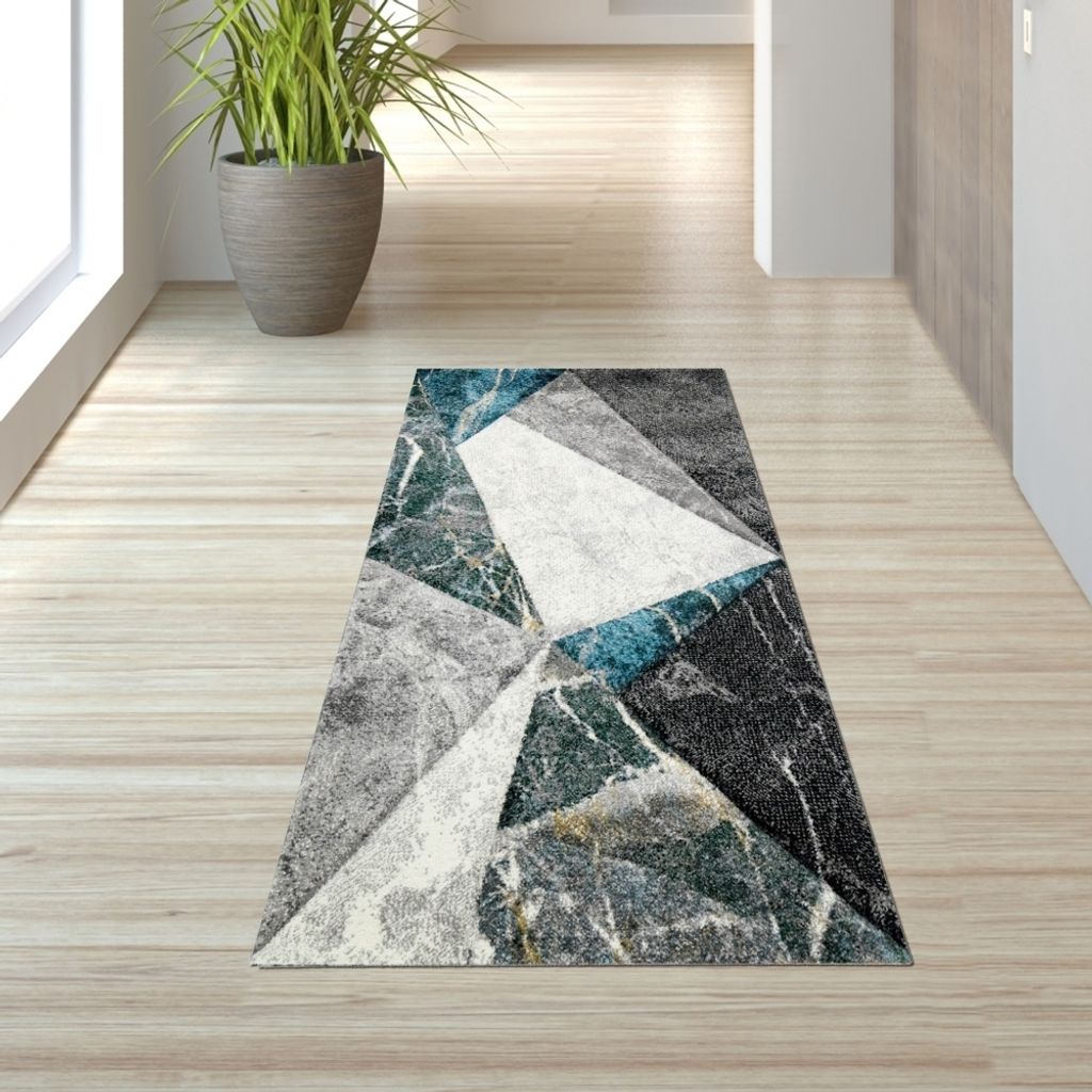 Wohnzimmer Teppich Geometrische Muster in grau blau Größe - 80 x 150 cm