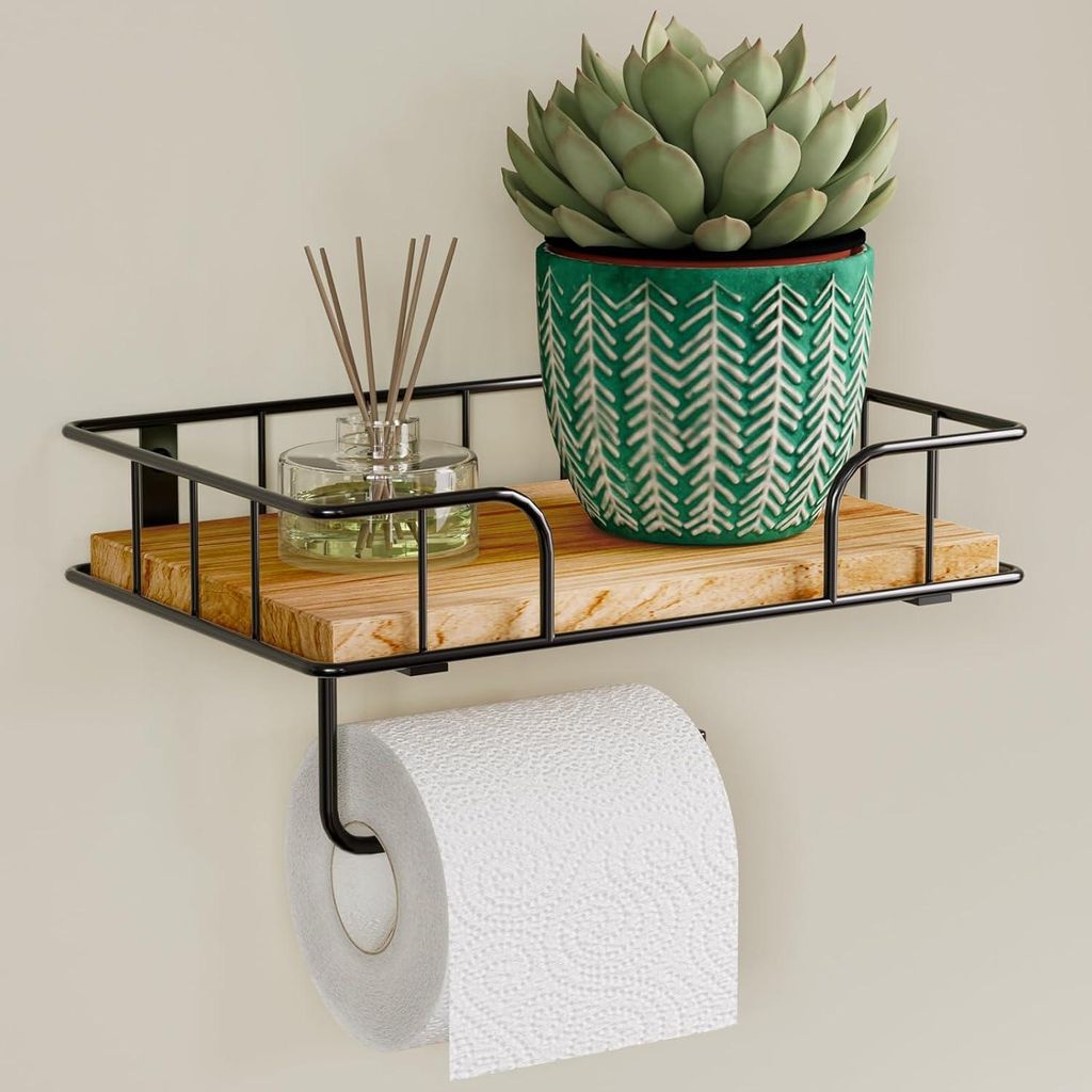 Toilettenpapierhalter aus Holz mit Ablage, Toilettenpapierhalter mit Fach für Feuchttücher, Toilettenpapierhalter, WC-Rollenhalter mit Bohrloch, ...