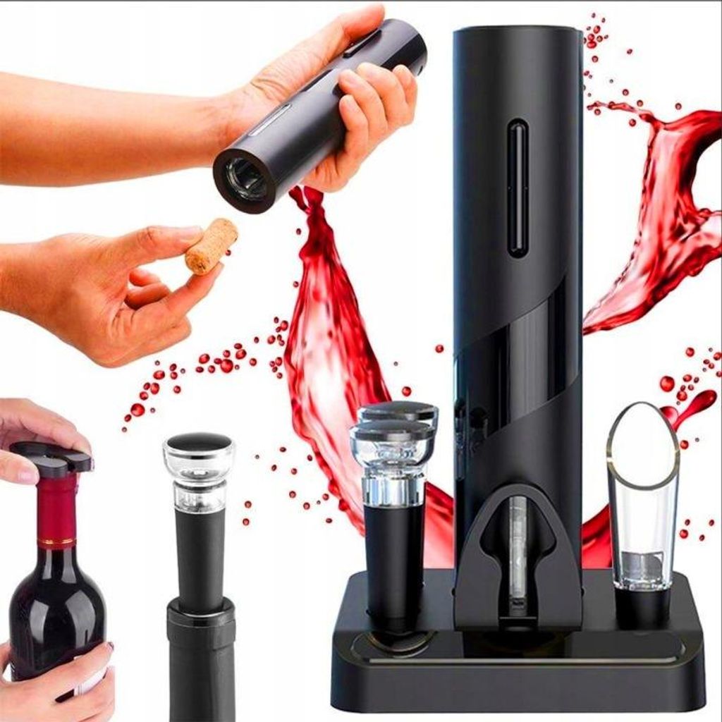 Korkenzieher für Wein mit Zubehör, Öffner, Ausgießer, Vakuumverschluss und Folienschneider als Geschenk