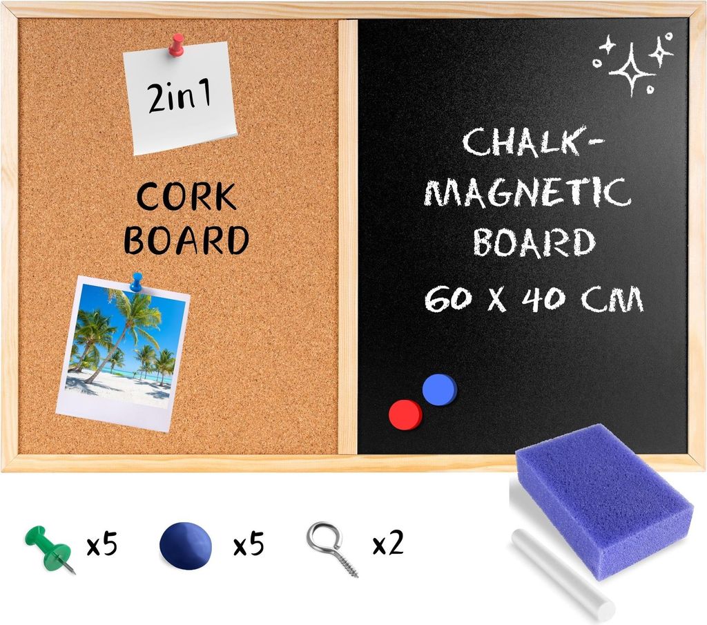 Creative Home 2in1 Kombitafel 60 x 40 cm - Pinnwand Magnettafel Kork & Kreidetafel