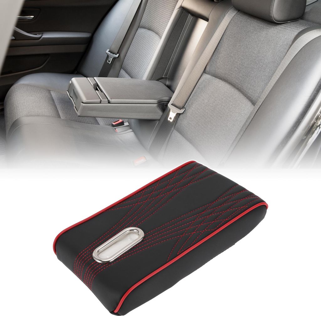 Center Console Kissen Pad mit Taschentuchbox 11,81"X6,49" Center Console Abdeckung Armlehne Sitzbox Abdeckung Kunstleder Schwarz, Rot