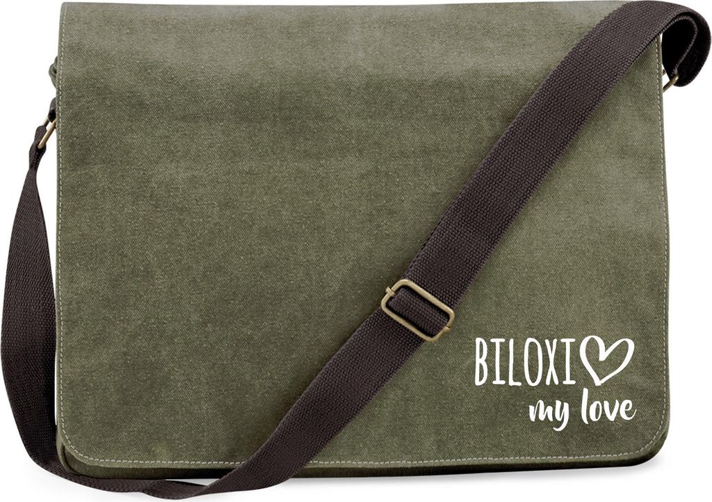 Huuraa Umhängetasche Biloxi my love 14 Liter Military Green Canvas Laptoptasche Geschenkidee