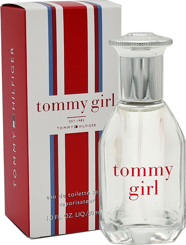 A bottle of Tommy Girl perfume and its packaging are shown.