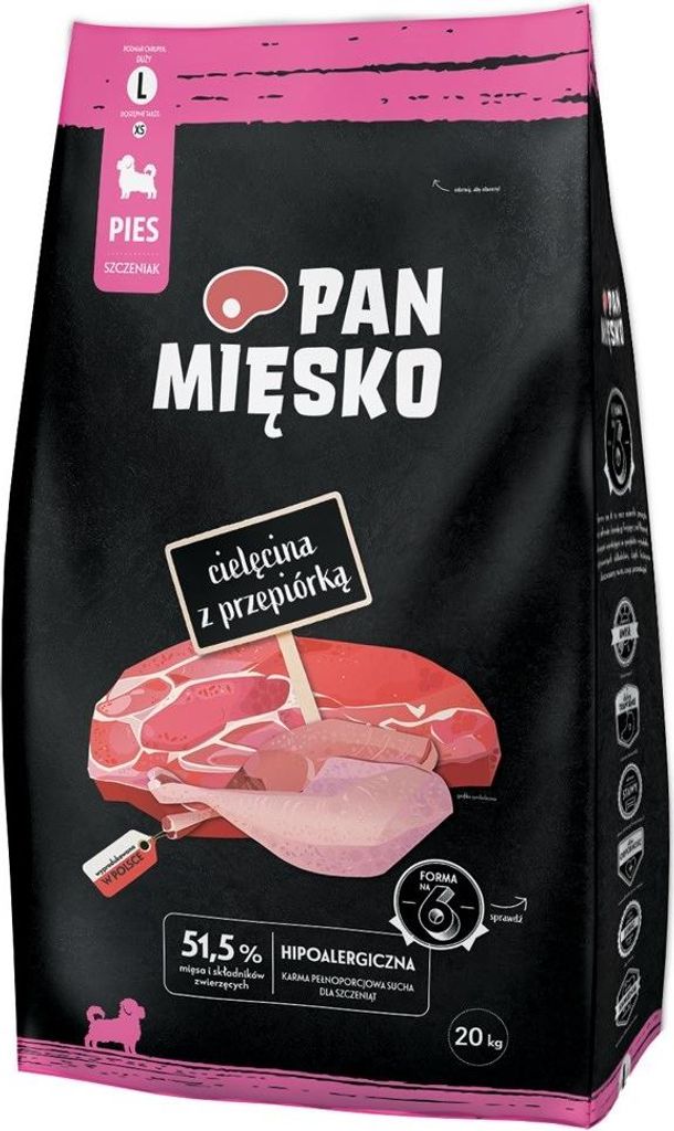 Trockenfutter für Hunde PAN MĘSKO Kalbfleisch mit Wachtel L 20kg