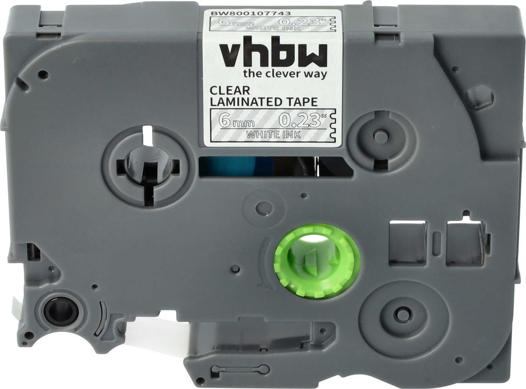 vhbw Schriftband-Kassette kompatibel mit Brother PT D600, D600VP, D450, D450VP, D400, D400VP, E100 Etiketten-Drucker 8m x 6mm Weiß auf Transparent