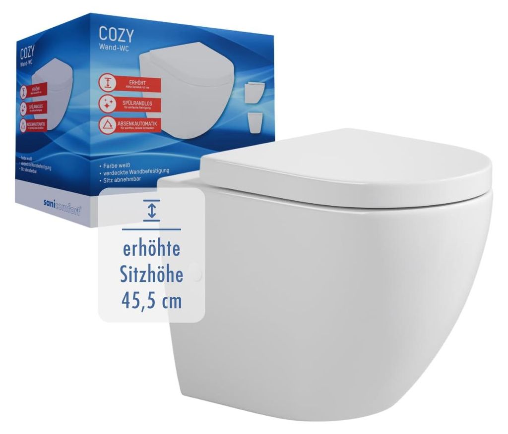 sanicomfort Cozy Wand-WC erhöht – spülrandloses Hänge-WC Produktbild 